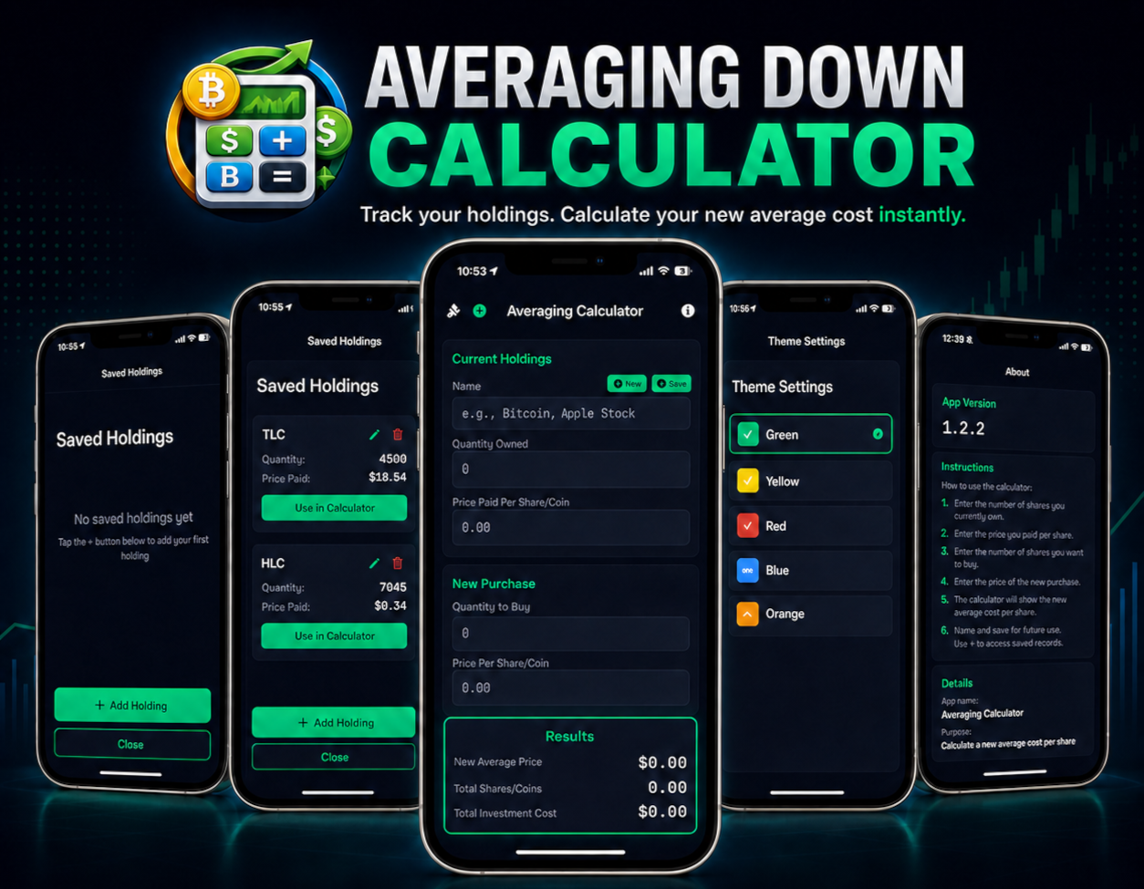 Averaging Down Calculator — cost basis, holdings, and themes
