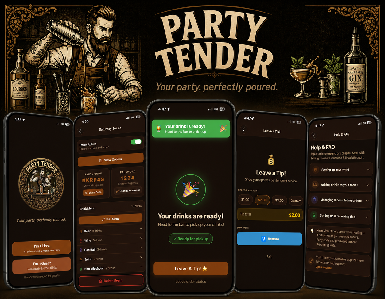 PartyTender — host event setup, drink menu, and guest mobile ordering