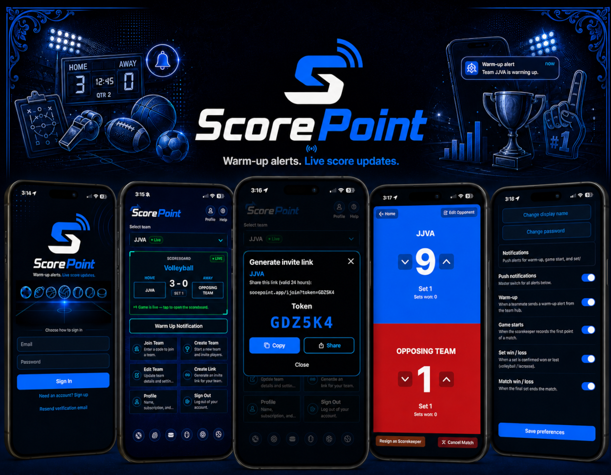 ScorePoint — warm-up alerts, live score updates, team invites, and game-day push notifications